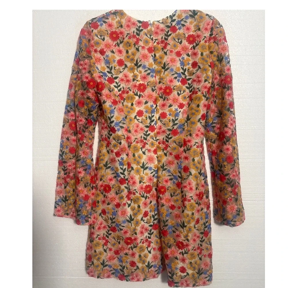 Antonio Melani Nat Note Floral Embroidered Mini Dress Sheer Sleeve Sz 6/S *